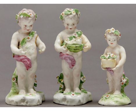 Three Derby figures of a child in a chaplet with a basket of flowers, c1780-1800, 11-13cm h, patch marks  One broken and rest