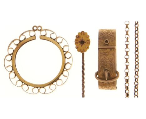 A Victorian 9ct gold scarf clip, 26mm, Birmingham 1895, a gold stickpin, 9ct gold coin mount and a gold necklet, 8.6g  Stickp