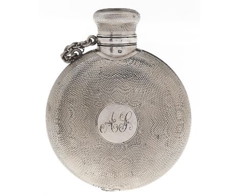 A Victorian silver hip flask of round engine turned form with chained screw-cap, 98mm h, by Henry William Dee, London 1869, 3