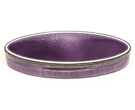 A Norwegian silver and purple guilloche enamel box, early 20th c, of shuttle shape, 95mm l, by Marius Hammer, maker's mark an