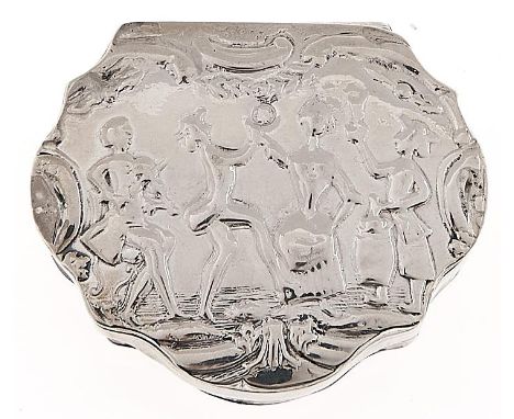 A Continental silver snuff box, of cartouche shape, the lid stamped with dancers, 56mm, import marked, Louis Landsberg, Londo
