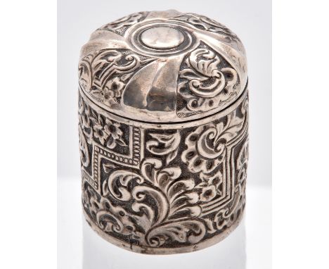 A Victorian silver canister and domed cover, die stamped with strapwork and foliage, Birmingham 1889, 2ozs 7dwts  Light wear 