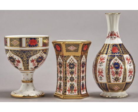 Two Royal Crown Derby Imari pattern vases and a goblet, 1982 and later, 11-16.5cm h, printed mark  Good condition  and first 