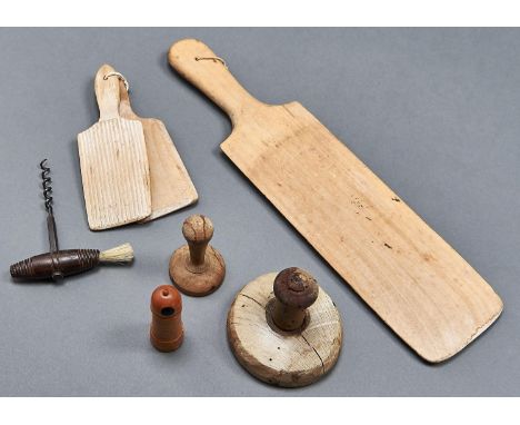 An English steel straight-pull corkscrew, mid 19th c, with barrel handle and brush,13cm h; a pair of butter pats, two butter 