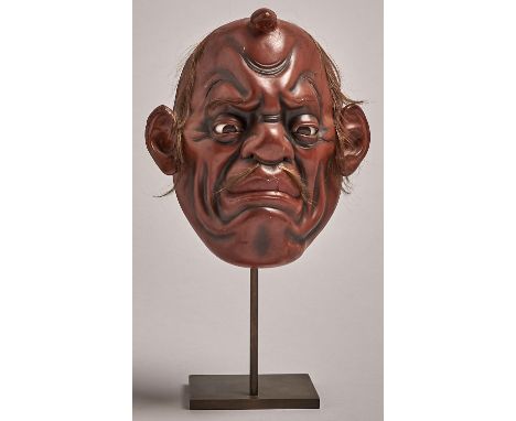 An unusual Japanese lacquer mask&nbsp;of Tengu, late Edo or Meiji period, applied with human hair and inset fine hazel glass 