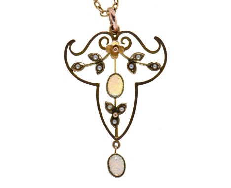 An Art Nouveau opal and split pearl openwork pendant, c1910, in gold marked 9ct, on gold necklet, 5.8g  Good condition