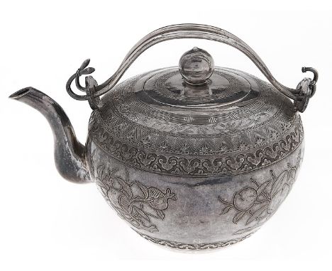 A Chinese silver teapot and cover, late 19th c, globular shape, with flush cover and double wire handle, the body chased and 