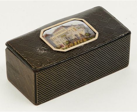 A French papier mache snuff box, early 19th c, the lid inset with a porcelain plaque printed and painted with the Hotel Beauh