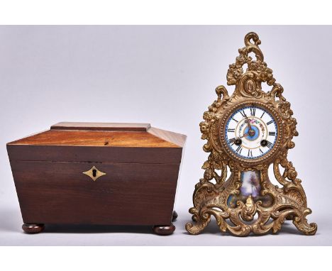 A French spelter gilt and Sevres style porcelain inset mantel clock, late 19th c, bell striking movement, pendulum, 31cm h an