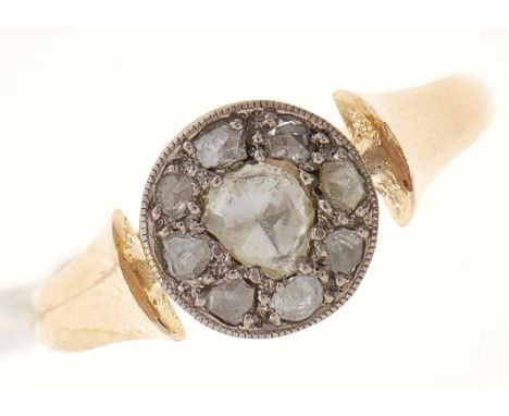 A rose diamond cluster ring, millegrain set, gold hoop indistinctly marked, 2.7g, size L½  Good condition