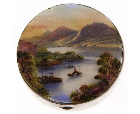A George V silver and enamel compact, the lid painted with lake scene, 49mm diam, by H C Davis, Birmingham 1929  Minute chip 