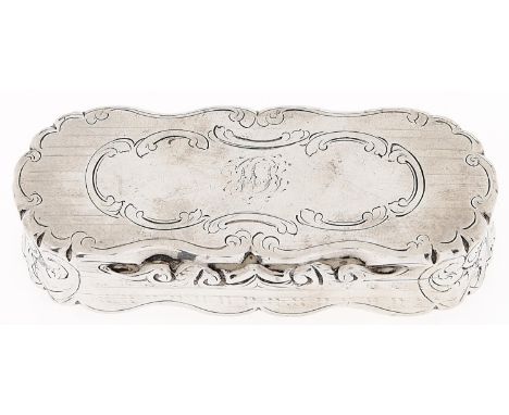 A Victorian silver snuff box, with waisted sides and chased thumbpiece, engine turned, 95mm l, by David Pettifer, Birmingham 