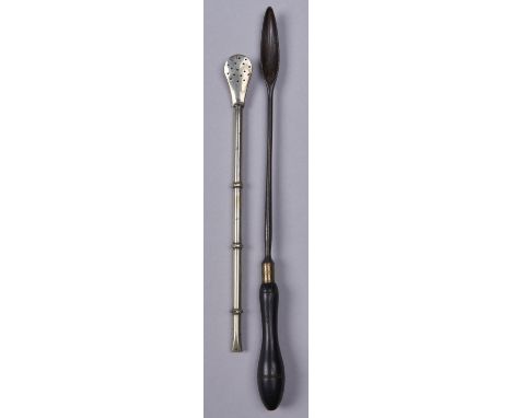 A steel uterine&nbsp; cuvette, Mayer &amp; Meltzer, with brass ferrule and finely turned ebony handle, 29mml and a nickel bra