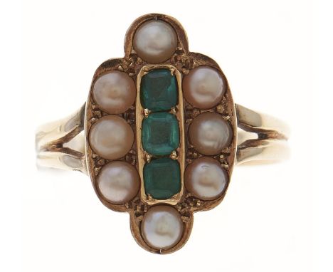 An emerald and split pearl ring, in gold, unmarked, 4.1g, size R  Light wear, emeralds fairly clean