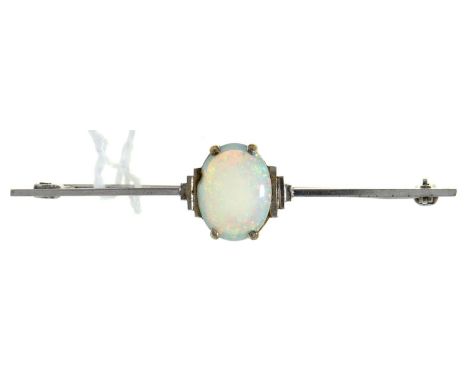 An Art Deco opal bar brooch, c1930, in white gold, scratched inventory number. 2.9g  File mark on reverse