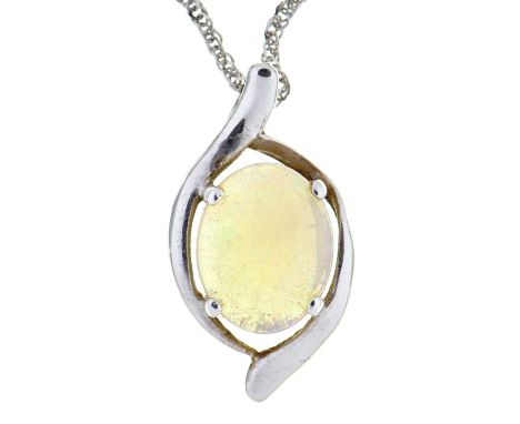 An opal pendant, in white gold marked 18ct, on white gold necklet marked 375,&nbsp; 1.2g  Good condition