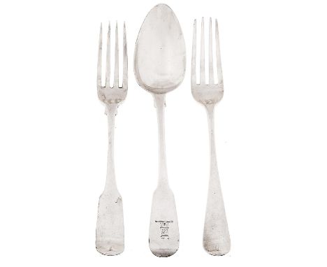 A set of nine&nbsp; Irish George III silver dessert spoons and five dessert forks, Fiddle pattern, tower crest, by Samuel Nev