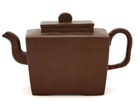 A&nbsp; Chinese Yixing stoneware teapot&nbsp; and cover,&nbsp; of rectangular form, 11cm h  Handle broken off in one piece an