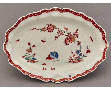 A Bow Kakiemon&nbsp;dish or stand, c1760,&nbsp; enamelled with the&nbsp;Quail pattern, 18.5cm  Firing crack at 12 o'clock and