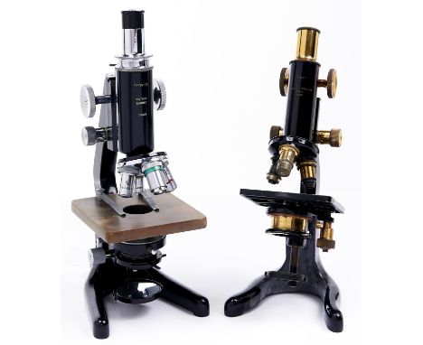 Two brass or chromium plated and black painted ferrous metal compound microscopes, W Watson &amp; Sons Ltd or Watson Barnett,