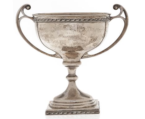 A George V silver trophy cup, on square foot, 18cm h, marks rubbed, by Turner &amp; Simpson Limited, Birmingham 1931, 12ozs 1