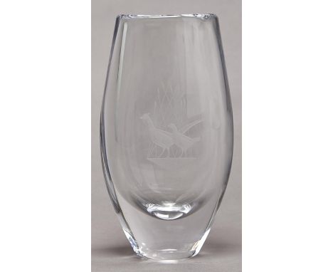 An Orrefors glass vase, engraved with cock and hen pheasants, 24cm h, engraved Orrefors P3743.124 DC 95  Good condition