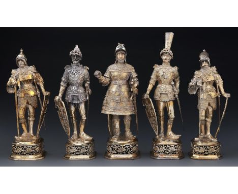 Five German silver gilt statuettes after the bronze statues of knights from the tomb of the Emperor Maximilian I,&nbsp;compri