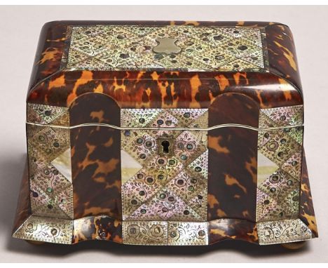 A Victorian tortoiseshell tea caddy, mid 19th c, with engraved mother of pearl and abalone decoration, the divided interior r