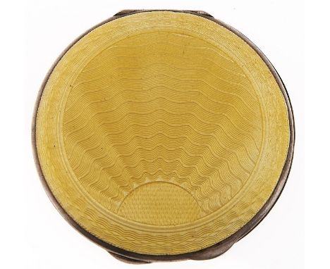 An Art Deco silver and yellow guilloche enamel sunrise compact, the back engine turned, 65mm, by Barker Brothers (Silver) Lim