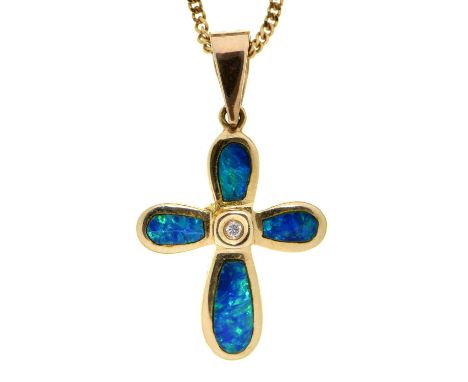 An&nbsp; opal and diamond inset gold cross, marked 14K, on gold necklet marked 375,&nbsp; 3g  