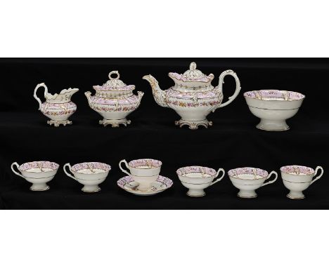 A John Ridgway tea and coffee service, c1848,&nbsp; &nbsp;Riverley shape, printed and painted with trailing flowers in lilac 