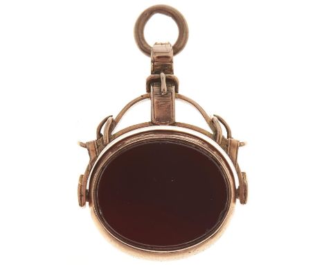 A Victorian 9ct gold, bloodstone and cornelian fob swivel seal, 43mm including ring, by George K Leeson, Chester, date letter