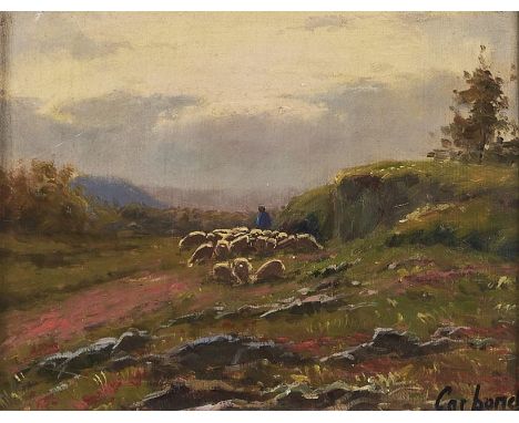20th c School - Sheep on a Hill, bears signature, oil on canvas, 17 x 21.5cm  A little dusty, possibly requiring a light clea