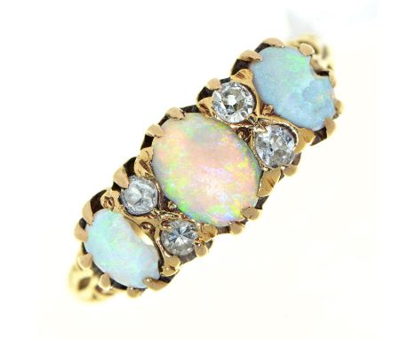 An opal and diamond ring, early 20th c, in 18ct gold, 3g, size O  Opals scratched and both of the smaller opals chipped, mark