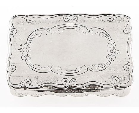 A Victorian silver snuff box, of scrolling outline, engine turned, 68mm, by Alfred Taylor, Birmingham 1857, 1oz 15dwts  Engra