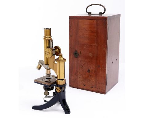 A brass compound&nbsp; microscope, E Leitz Wetzlar, No 49293, 1899, focusing by rack work with eyepiece, nose piece and three