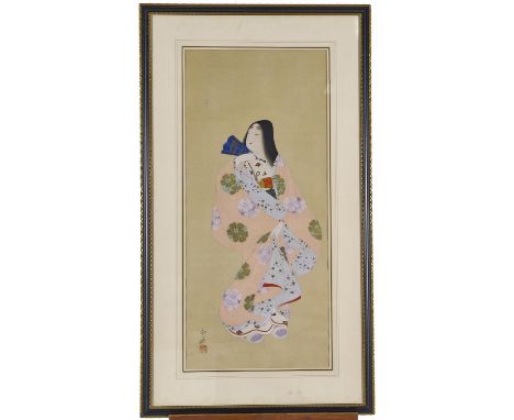 Nishimatsu Shuho (b.1875) - The Pink Kimono, signed Shuho and seal Shuho again, ink and bodycolour on silk, 90.5 x 40cm  In a