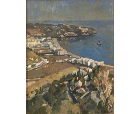 Hugh Ralph Micklem (1918-2007) - Ship in a Sunlit Bay, signed and dated '92, oil on hardboard, 38.5 x 0.5cm  Varnish requires