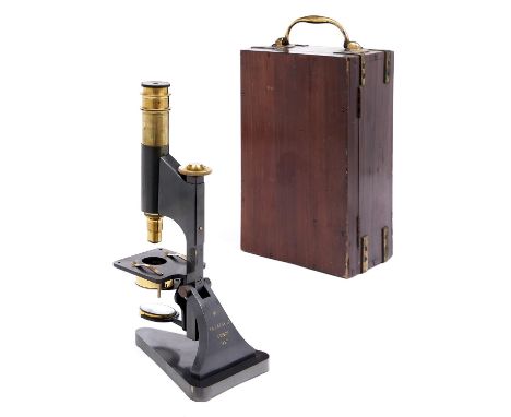 A brass microscope, R &amp; J Beck Ltd London, No 27301,&nbsp; "Star", late 19th c, lacquered or bronze finished, with two ey