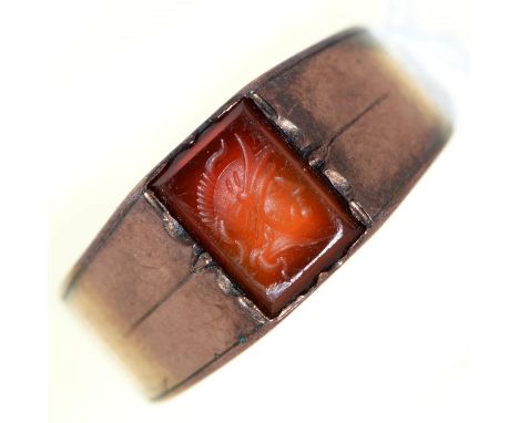 A signet ring, with rectangular paste intaglio, in gold coloured metal, 4.6g, size Y  Good condition