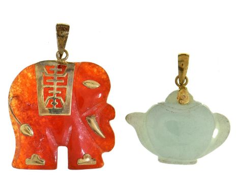 Two South East Asian carved jade and gold&nbsp; pendants, on in the form of an elephant, the other&nbsp; as a&nbsp; teapot, 1