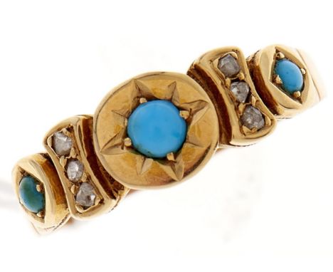 A Victorian turquoise and diamond ring,&nbsp; gipsy set in 15ct gold, Birmingham 1877, 2.8g, size P  Hoop slightly stretched;