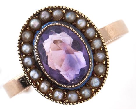 An amethyst and split pearl cluster ring, early 20th c, gold hoop marked 15ct, 5g, size N½  Hoop associated; good condition