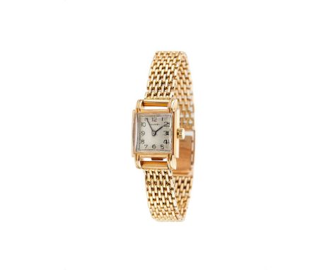 Longines, Lady's gold coloured bracelet watch, no. 461027   Movement: Manual wind   Case: Gold coloured case, snap case back,