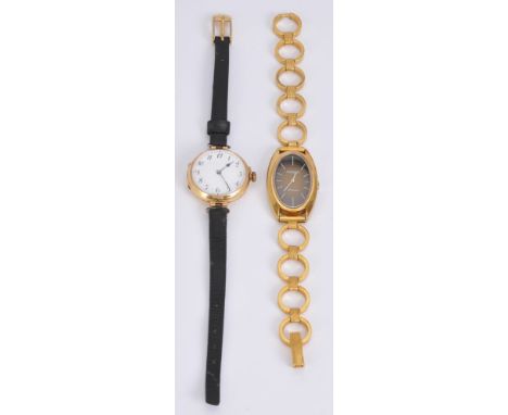Unsigned,   Gold fob watch converted to a wrist watch, no. 3042   Movement: Bimetallic split balance, overcoil balance spring