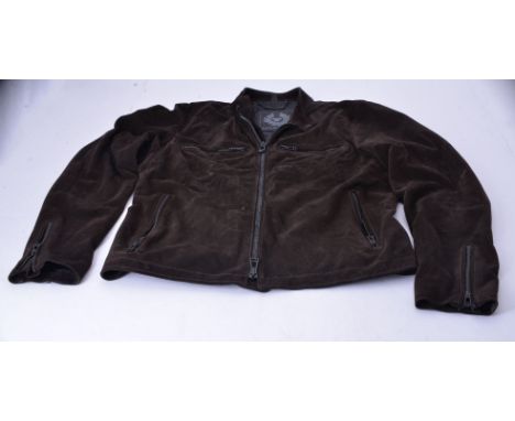 Belstaff, a brown suede jacket, with four exterior zip pockets, zip fastener and button collar fastener, size 52