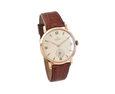 Universal, Gold coloured wrist watch   Movement: Manual wind   Case: Gold coloured case, snap case back, stamped 18K 0.750   