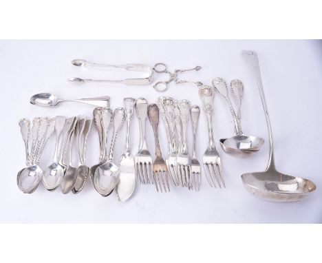 A collection of silver flatware, mainly George III to Victoria makers and dates, various patterns, some crested, including: a