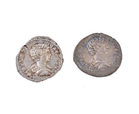 Rome, Geta as Caesar (AD 198 - 209), silver Denarii (2), Geta standing holding baton and sceptre, trophy behind (S. 7196), Se