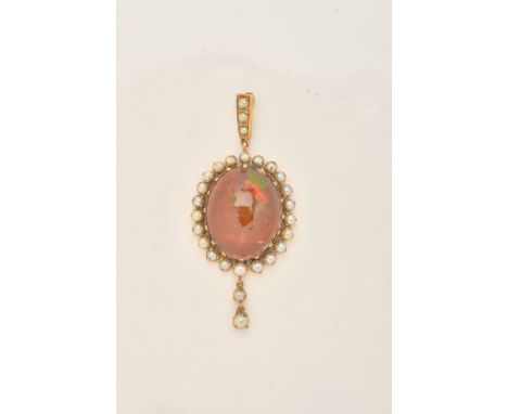 An opal and cultured pearl pendant, the oval cabochon opal within a surround of cultured pearls, to a cultured pearl set bale